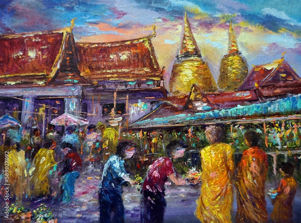 Art painting oil color Temple Buddha statue ,  Chedis at Wat Pho Temple