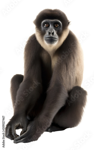 Charming Sitting Gibbon Monkey, Close-Up Front View. Generative AI
