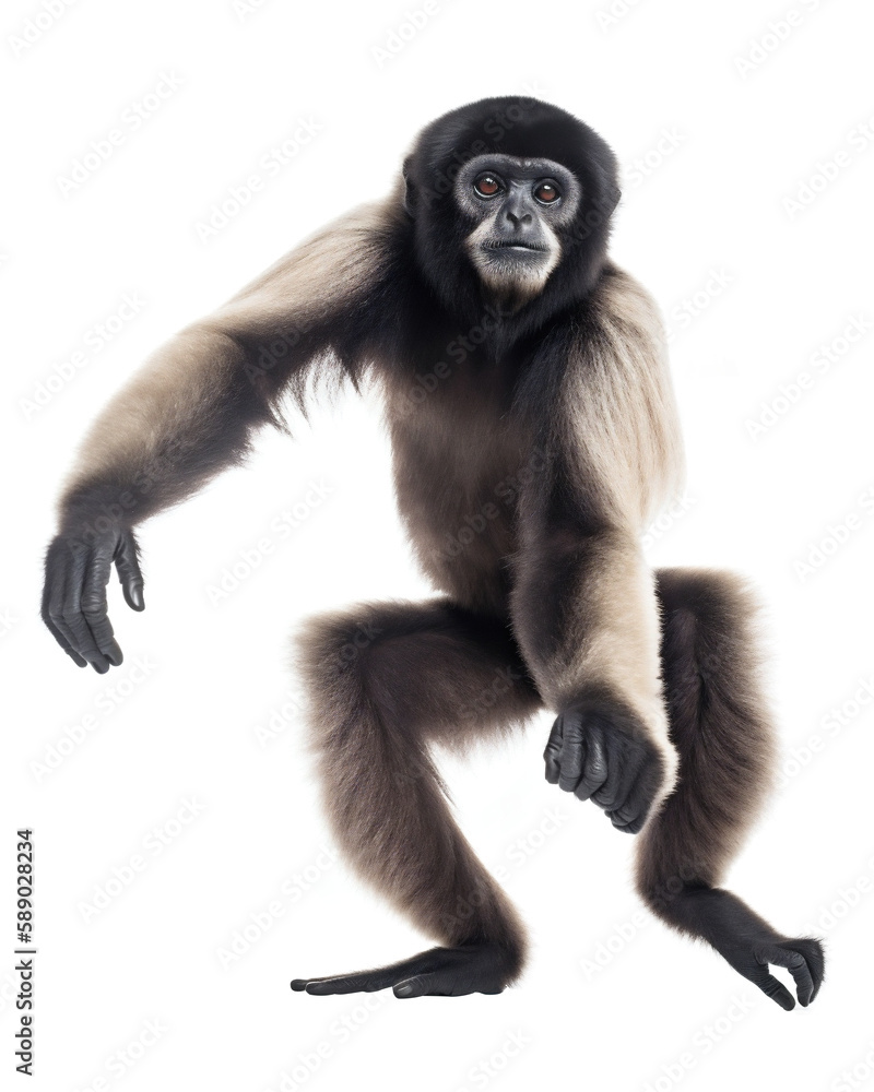 Striking Standing Gibbon Monkey, Closeup Front View. Generative AI Striking Standing Gibbon Monkey, Closeup Front View. Generative AI