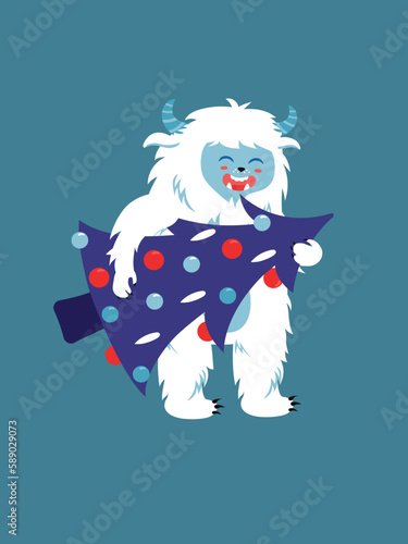 Concept Cute Yeti holding Christmas tree This vector illustration depicts a flat scene with a festive Christmas tree and a playful Yeti. Vector illustration.