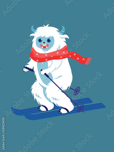 Concept Cute Yeti skiing. This vector illustration depicts a fun flat scene with a cartoon Yeti hitting the slopes on skis. Vector illustration.