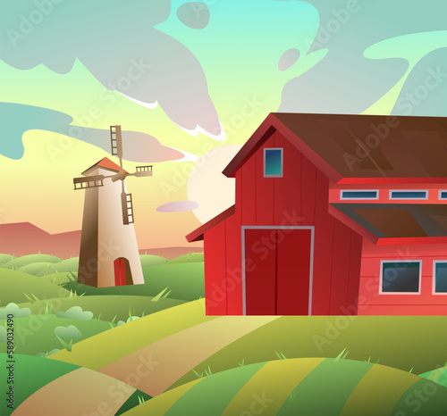 Rural farm red barn. Large livestock shed. Farmer design for growing pets and animals. Cartoon fun style. Flat design. Vector