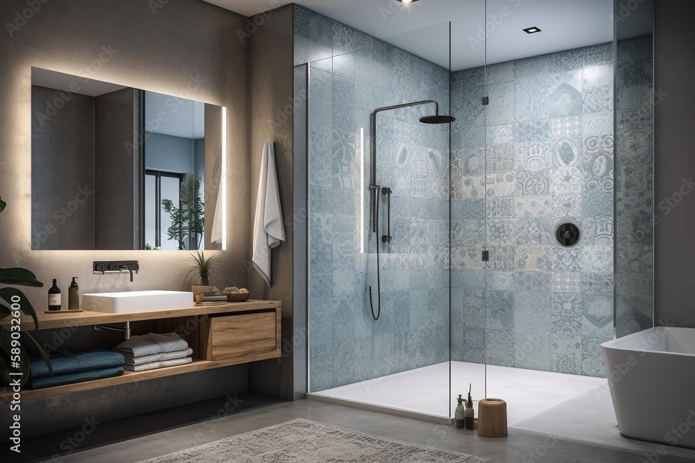 Spacious Mosaic Shower with Contemporary Chrome Accents. Spacious Mosaic Shower with Contemporary Chrome Accents.