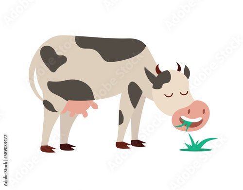 Concept Cartoon cow eating grass This vector cartoon illustration depicts a scene of a cow happily grazing on a farm, surrounded by lush green grass. Vector illustration.