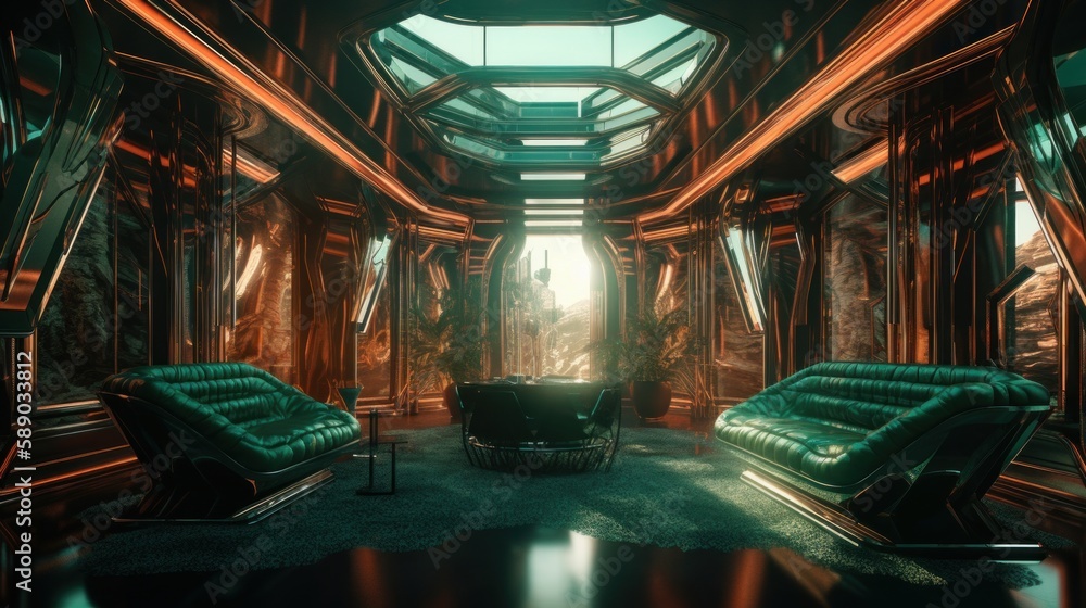 Stunning Sage Green and Burnt Orange Luxury Futuristic Interior with