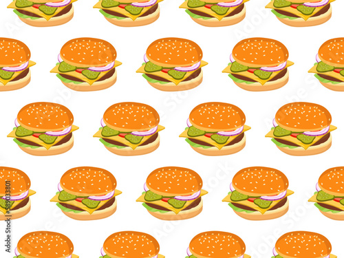 Seamless Burger pattern. Cartoon hamburger repeated pattern. Fast food print. Flat design for menu cafe, restaurant. For textile, wrapping paper, wallpaper, cover design, scrapbooking. Unhealthy diet.
