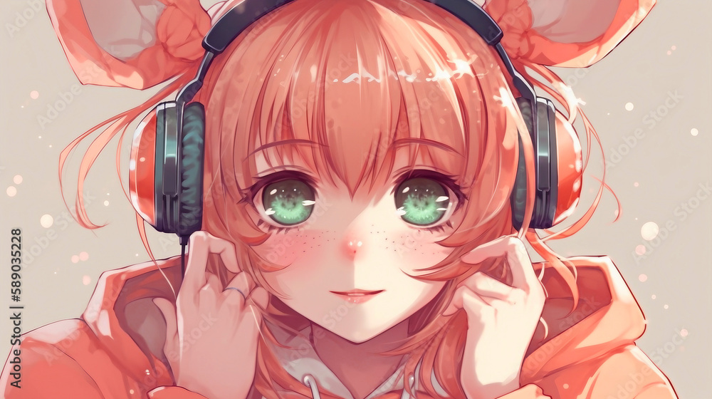 anime kawaii girl with headphones
