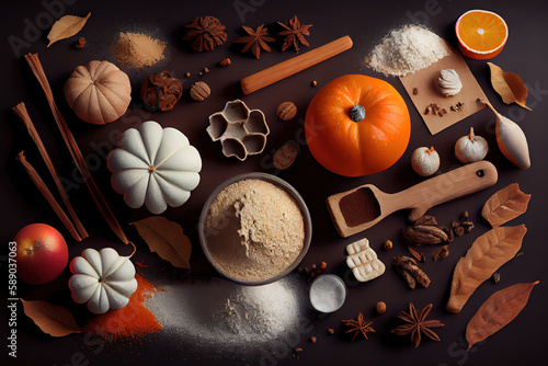 Ingredients for autumn winter festive baking. Generative Ai
