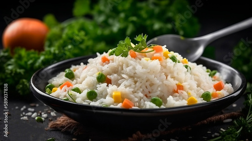 cooked rice porridge served with herbs and vegetables on a black plate with spoon