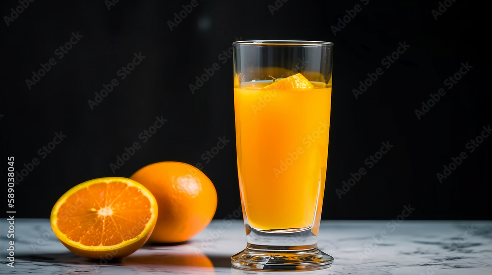 A glass of orange juice with an orange slice on the side. A glass of orange juice with an orange slice on the side.