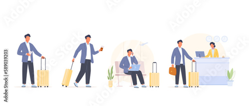 Businessman having a business trip set. Flat vector