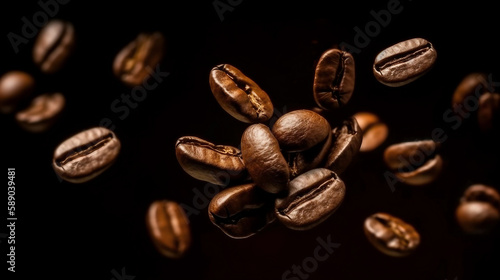 roasted falling or flying coffee beans on black dark background close up