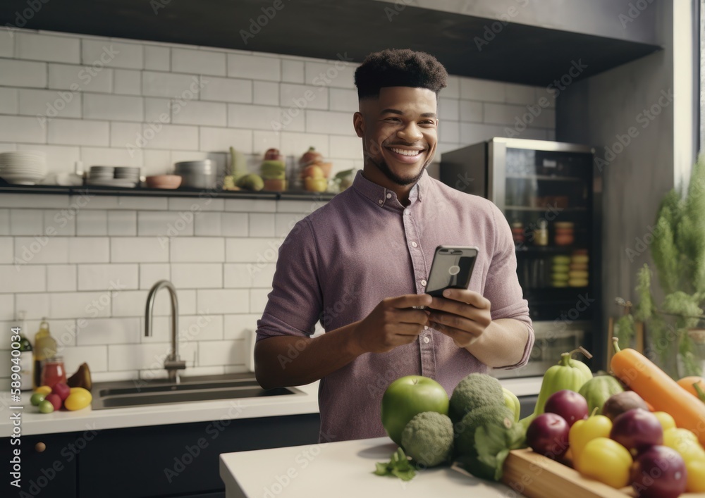 Fototapeta premium Portrait of young black man using a mobile phone in the kitchen. Generative AI.