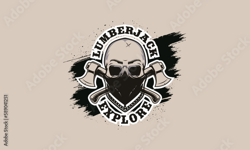 Vintage hipster lumberjack emblem with crossed axes behind the skull in beanie, with beard and mustache. Sunburst on background. Monochrome, isolated on background.