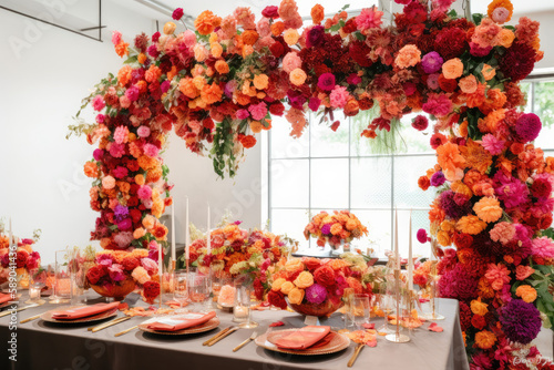 summer wedding reception with pink floral