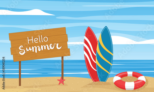 Hello summer banner. Sea or ocean landscape with two surfboard and lifebuoy. Vector illustration.