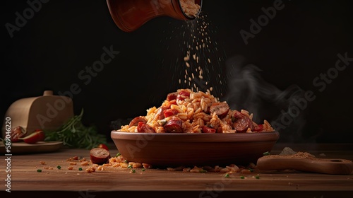 Jambalaya, American Creole and Cajun rice dish, generative ai photo