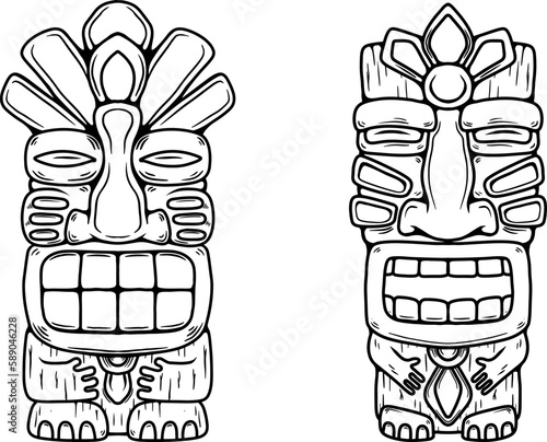 Traditional polynesian tiki idol. Illustration of tribal tiki mask. Design element for decorations. Vector illustration