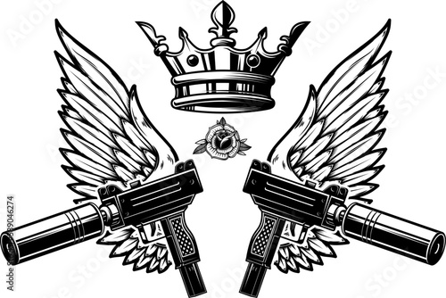 Two guns and wings with king crown. Design element for logo, label, sign, poster, badge. Vector illustration