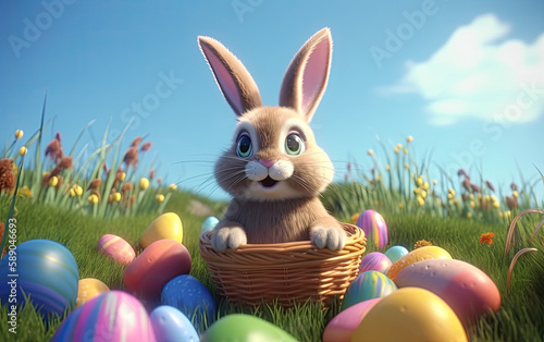 Cute bunny rabbit smiling and sitting in a basket with Easter eggs in green flower field, Generative AI