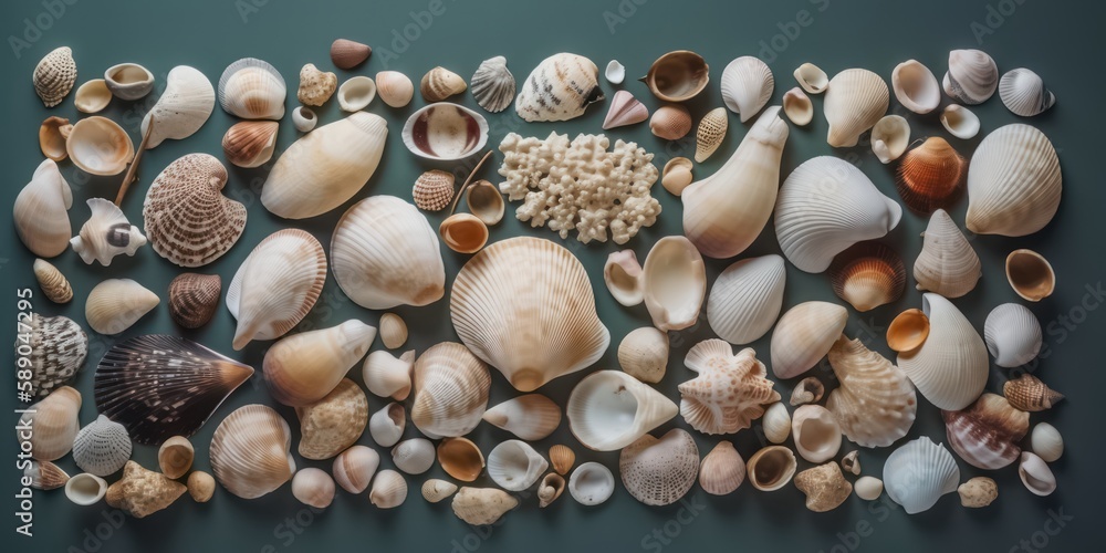 Various white sea shells and corals background. Generative AI