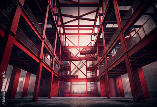 red steel framework building indoor perspective view rendering. Generative AI