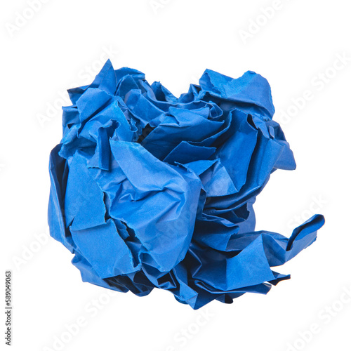 Blue colored paper ball isolated on white background. Picture taken in studio