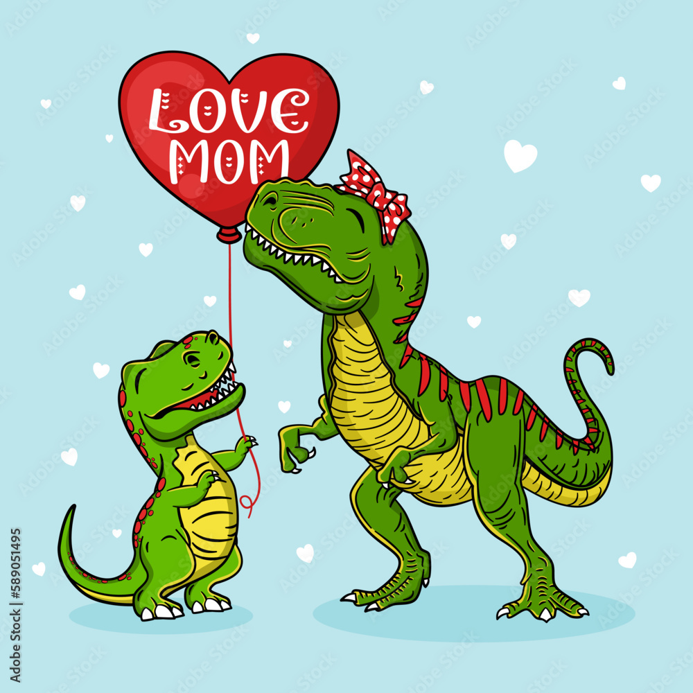 Love Mom Saurus , Mommy T-Rex and Baby Dinosaurus With balloon T-Shirt ...