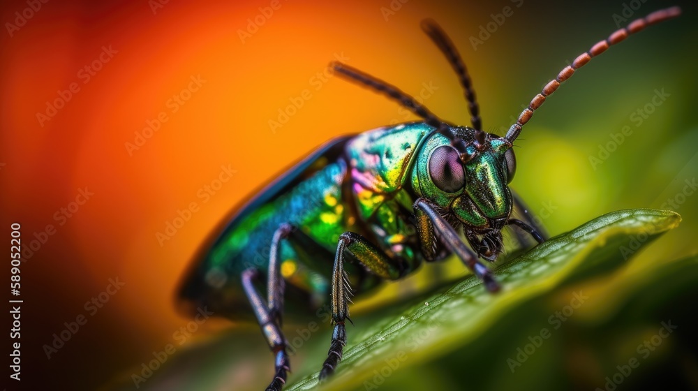 Macro view of a tiny insect in vivid colors, showcasing the intricate details and stunning hues of the insect's body and wings. Generative AI Macro view of a tiny insect in vivid colors, showcasing the intricate details and stunning hues of the insect's body and wings. Generative AI