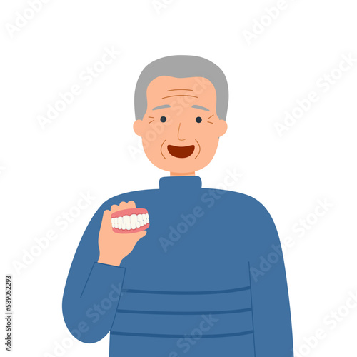 Senior man holding false teeth in flat design on white background.