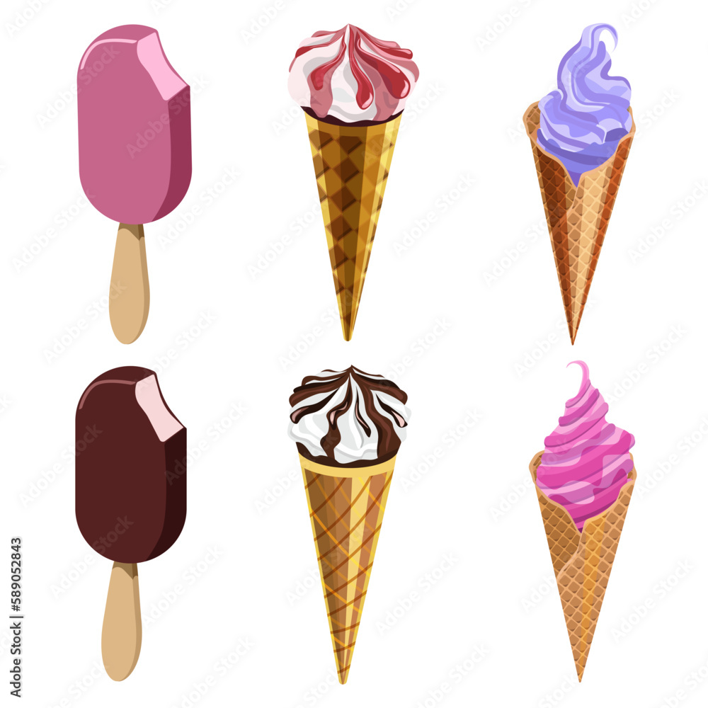 Colorful, delicious ice cream, 6 servings:popsicle,ice cream,fruit,strawberry,chocolate,isolated on a white background.Vector set of ice cream for restaurant menus,summer beach designs,textiles. Colorful, delicious ice cream, 6 servings:popsicle,ice cream,fruit,strawberry,chocolate,isolated on a white background.Vector set of ice cream for restaurant menus,summer beach designs,textiles.