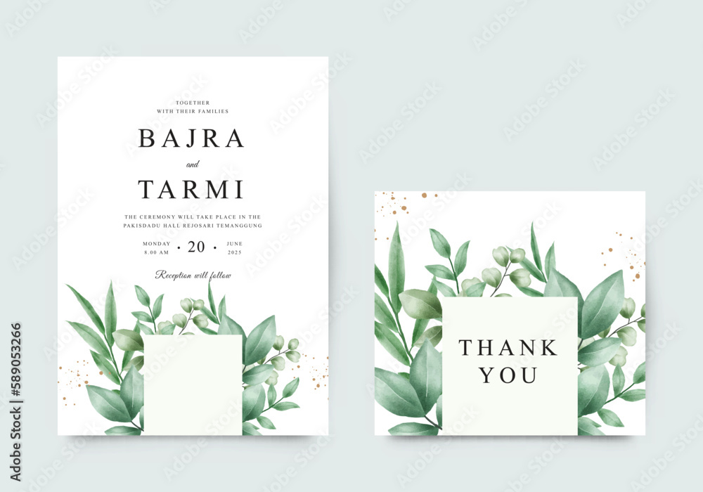 Elegant wedding invitation card template with watercolor leaves