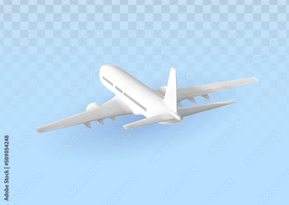 Silver airplane, top view. Flying plane on a blue background. The concept of advertising banner for travel agencies, travel. Plane for travel.