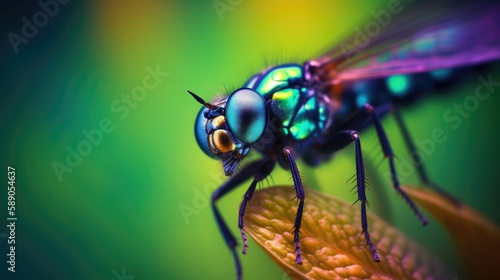 Macro view of a tiny insect in vivid colors, showcasing the intricate details and stunning hues of the insect's body and wings. Generative AI © piai