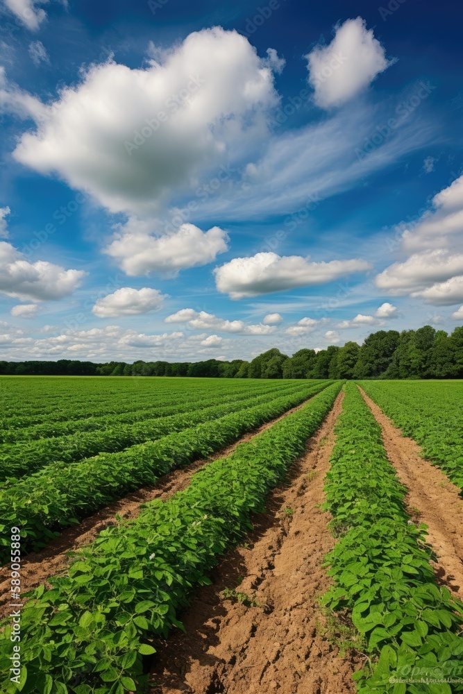 Sunlit green field of potato crops in a row. Generative AI