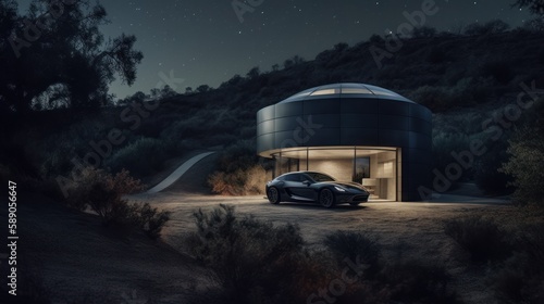 Ultimate Starry Night Drive: Sleek Home with Observatory & Electric Car for Stargazing & Cosmic Adventures on Highways and Mountain Landscapes, Generative AI
