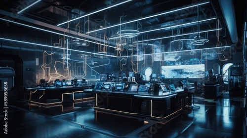 Revolutionizing Tech & Research: Futuristic Facility with AI & HUID Interfaces, Cinematic & Hyper-Detailed Design, Real-Time Data Viz & ML Models, Generative AI