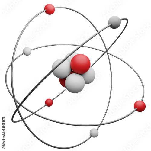 3D illustration model of an atom with nucleus, electrons, protons and neutrons orbiting in a circular path, isolated on white or transparent background 