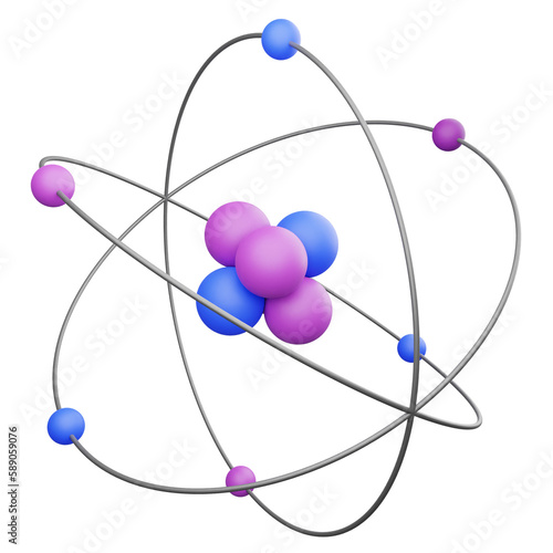 3D illustration model of an atom with nucleus, electrons, protons and neutrons orbiting in a circular path, isolated on white or transparent background 