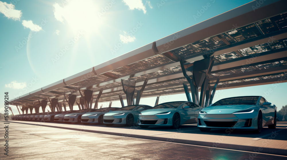Electric Cars Parked in Shade of Solar Panel Carport, Sustainable Transportation Concept, Generative AI