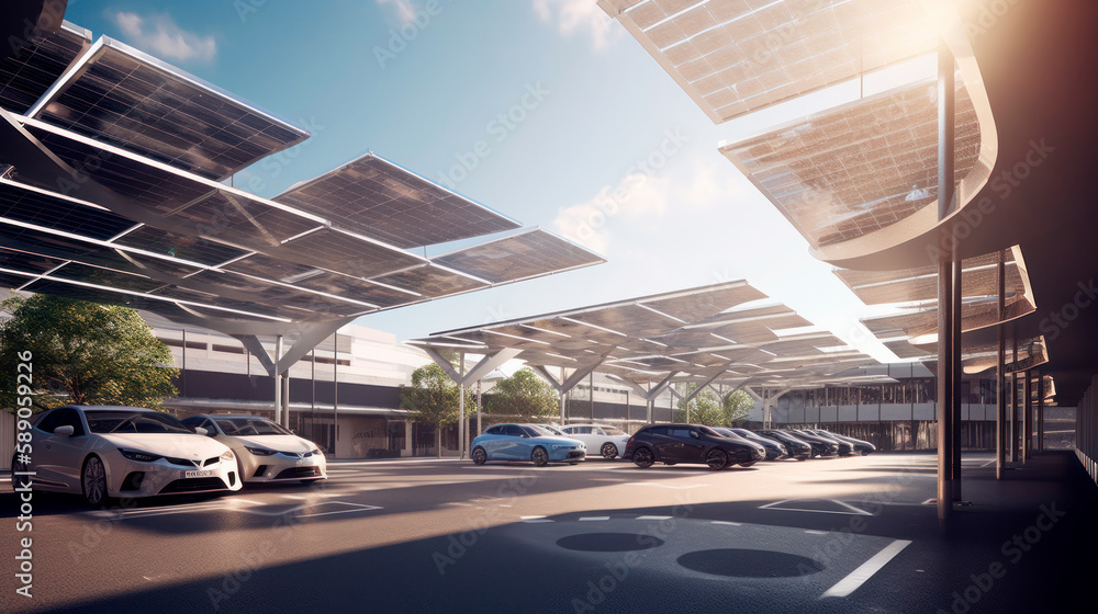 Electric Cars Parked under Solar Panel Canopy in Parking Lot ...