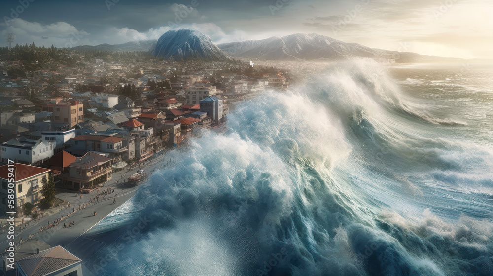 Obraz premium Coastal City Devastated by Giant Wave from Tsunami, Generative AI