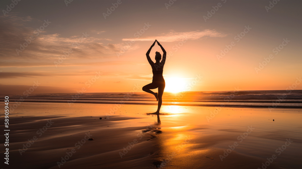 Standing Beach Yoga at Sunset, Woman Practicing at Seashore, Generative AI