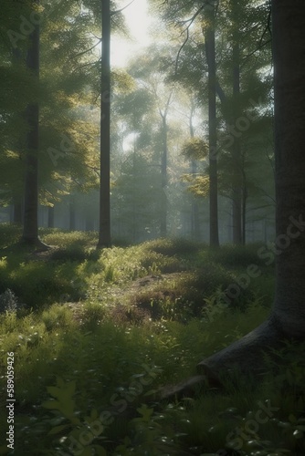Sunlit forest in a natural environment