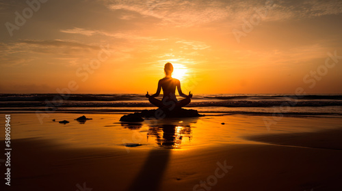 Sitting Beach Yoga at Sunset, Woman Practicing at Seashore, Generative AI