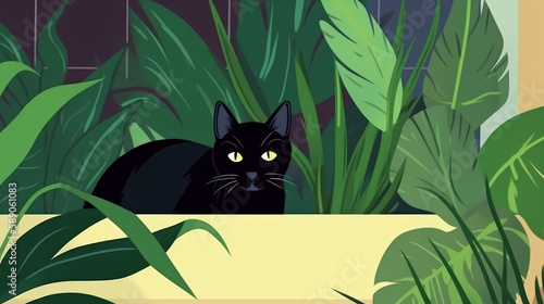A curious black cat with green eyes, generative ai