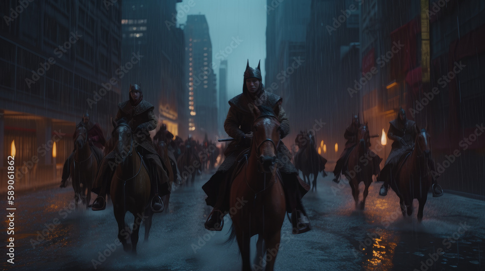 custom made wallpaper toronto digitalA mongolian horde on horseback invading a modern city, generative ai