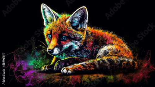 A painting of a small fox baby made from neon colors on dark background, generative ai