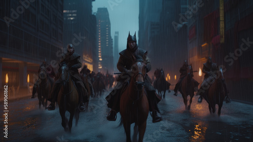 Wallpaper Mural A mongolian horde on horseback invading a modern city, generative ai Torontodigital.ca