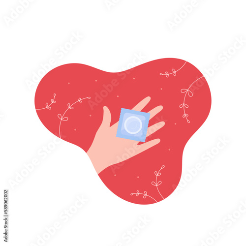 Sexual transmitted disease and use condoms concept. Vector flat healthcare illustration. STD prevention by hand hold condom symbol. Design for infection awareness month